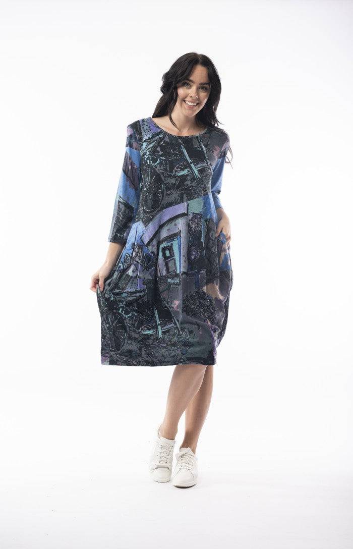Orientique Italy Blue Mix Pure Cotton Jersey 3/4 Sleeve Panel Bubble Dress - Boutique on the Green 