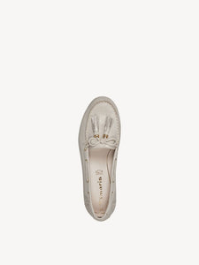 Tamaris Leather Champagne Shimmer Slip On Moccasin With Double Front Tassels