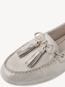 Tamaris Leather Champagne Shimmer Slip On Moccasin With Double Front Tassels