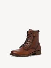 Load image into Gallery viewer, Tamaris Mix Leather Cognac &amp; Snake Lace Up Flat Ankle Boot
