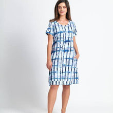 Load image into Gallery viewer, Foil Majorca Blue &amp; White Check Print Pure Cotton Jersey T-Shirt Dress

