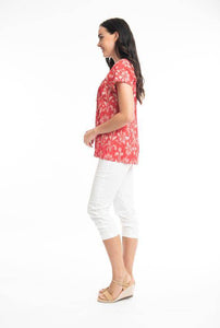 Orientique Giza Red Printed Organic Cotton Crinkle Pintuck Woven Blouse - Boutique on the Green 