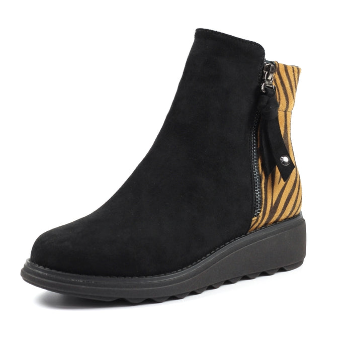 Lunar Haines Black Microfibre Low Wedge Ankle Boot With Animal Print Trim - Boutique on the Green 