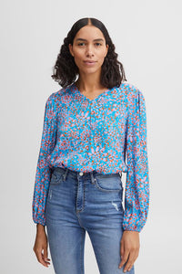 BYoung Flouri Blue Floral Print V Neck Cuff Long Sleeve Blouse - Boutique on the Green 