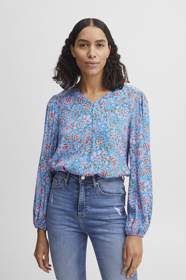 BYoung Flouri Blue Floral Print V Neck Cuff Long Sleeve Blouse - Boutique on the Green 