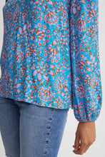Load image into Gallery viewer, BYoung Flouri Blue Floral Print V Neck Cuff Long Sleeve Blouse - Boutique on the Green 
