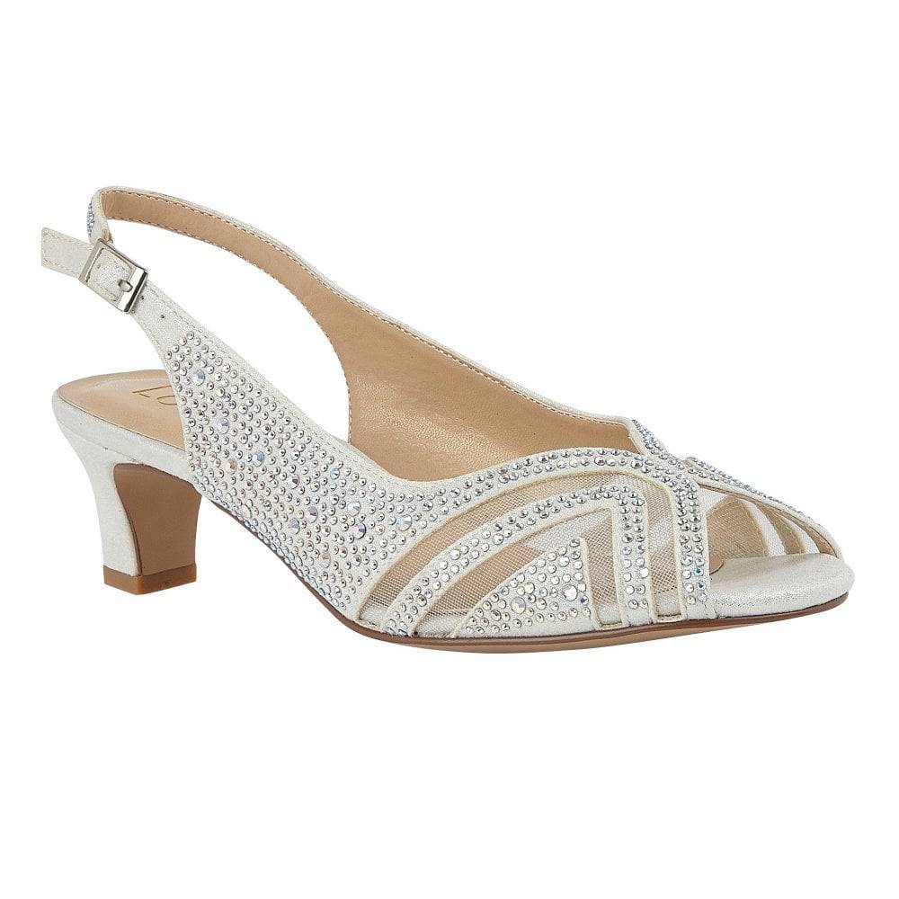 Lotus encrusted diamante peep toe slingback kitten heel shoe
