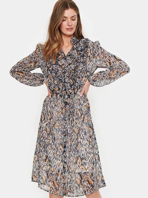 Saint Tropez Lilly Printed Long Sleeve Chiffon Ruffle Front Dress