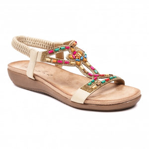 Lunar Mariella Beige Open Toe Sandal With Multi Coloured Beads & Diamantes - Boutique on the Green 