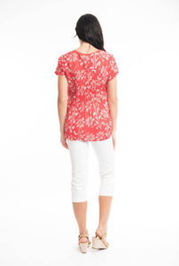 Orientique Giza Red Printed Organic Cotton Crinkle Pintuck Woven Blouse - Boutique on the Green 