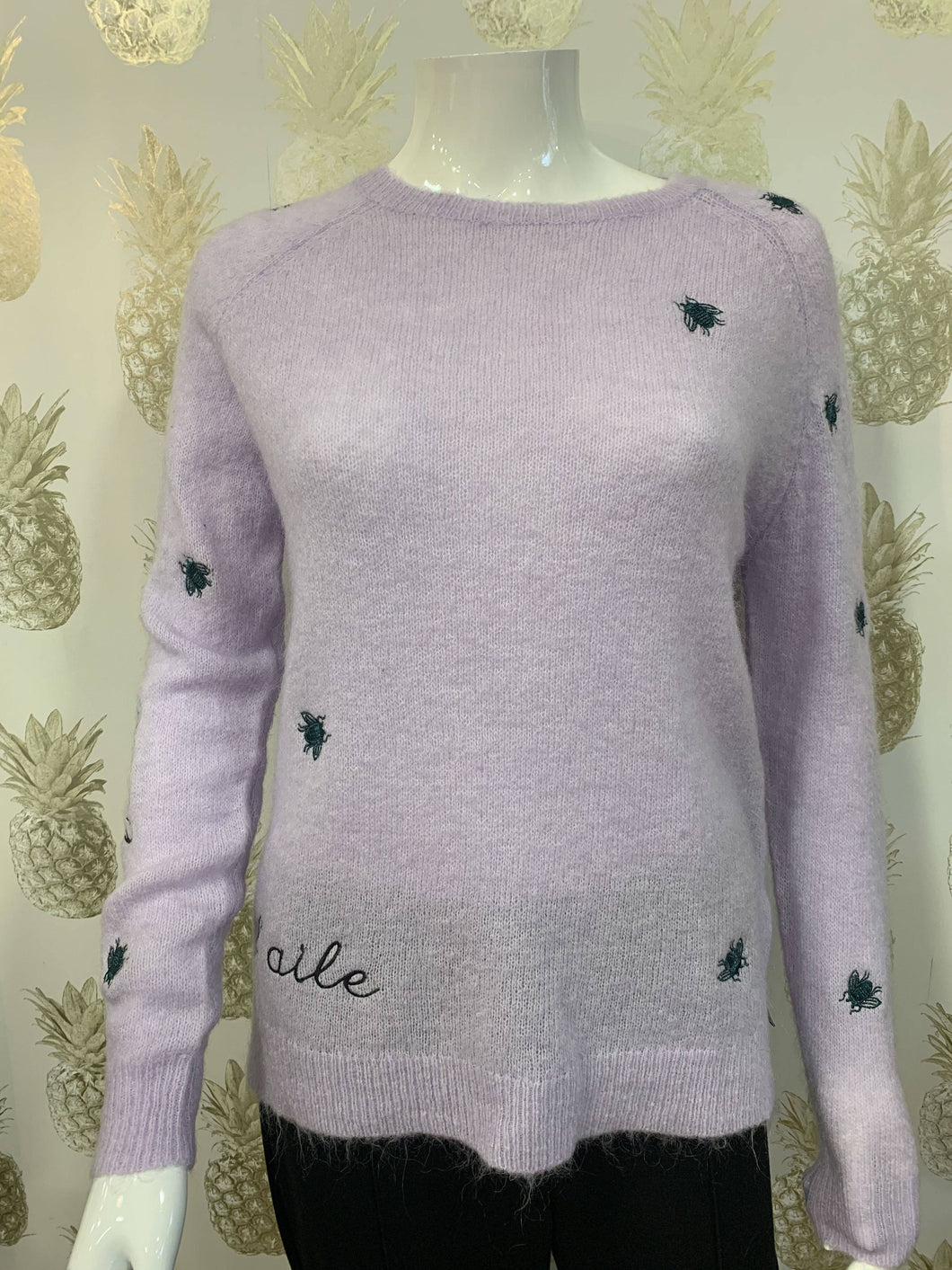 Lilac mohair & wool mix loose fit jumper with embroidered bee detail & long sleeve - Boutique on the Green 