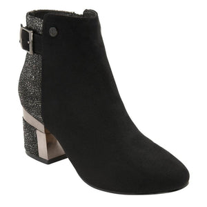 Lotus Black Cassandra Microfibre Heeled Ankle Boot With Mottled Heel Trim & Buckle - Boutique on the Green 