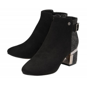 Lotus Black Cassandra Microfibre Heeled Ankle Boot With Mottled Heel Trim & Buckle - Boutique on the Green 