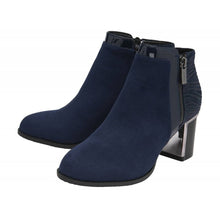 Load image into Gallery viewer, Lotus Rebecca Navy Microfibre Heeled Ankle Boot With Patterned Back Trim

