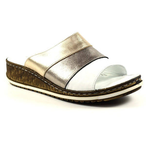 Lunar Appleby Pewter Leather Slip On Mule Sandal With Cork Trim Wedge - Boutique on the Green 