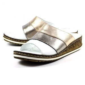 Lunar Appleby Pewter Leather Slip On Mule Sandal With Cork Trim Wedge - Boutique on the Green 