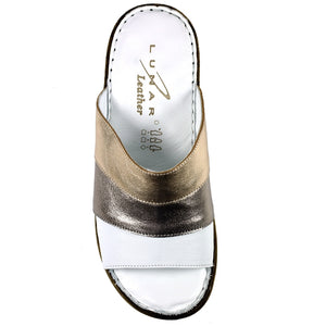 Lunar Appleby Pewter Leather Slip On Mule Sandal With Cork Trim Wedge - Boutique on the Green 