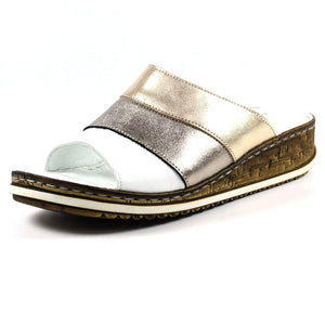 Lunar Appleby Pewter Leather Slip On Mule Sandal With Cork Trim Wedge - Boutique on the Green 