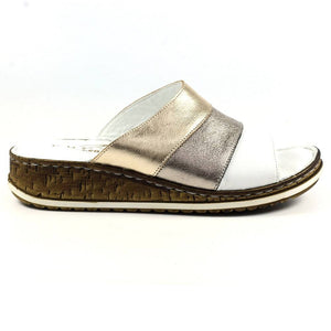 Lunar Appleby Pewter Leather Slip On Mule Sandal With Cork Trim Wedge - Boutique on the Green 