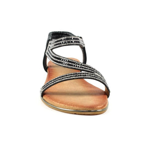 Lunar Blaise II Black & Silver Diamante Trim Open Toe Sandal With Elasticated Back - Boutique on the Green 