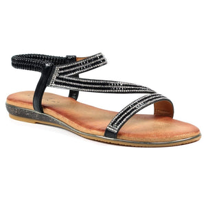 Lunar Blaise II Black & Silver Diamante Trim Open Toe Sandal With Elasticated Back - Boutique on the Green 