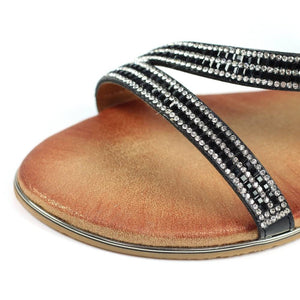 Lunar Blaise II Black & Silver Diamante Trim Open Toe Sandal With Elasticated Back - Boutique on the Green 