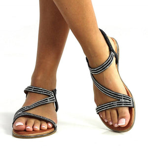 Lunar Blaise II Black & Silver Diamante Trim Open Toe Sandal With Elasticated Back - Boutique on the Green 