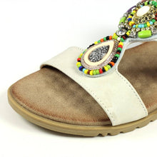 Load image into Gallery viewer, Lunar Elsa White Open Toe Slip On Mule Sandal With Multicoloured Bead Trim
