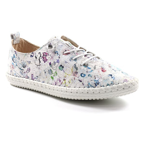 Exbury Leather Floral Metallic White Mock Lace Up Plimsoll - Boutique on the Green 