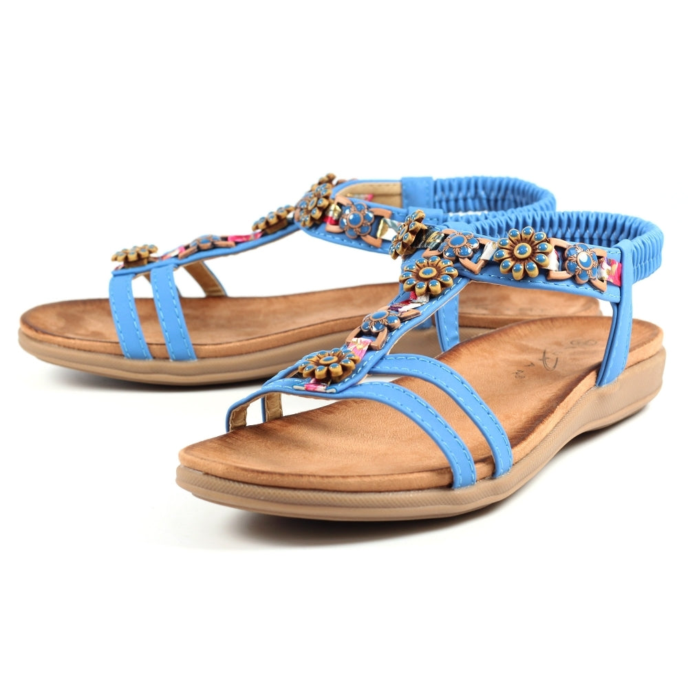 Lunar Feast Ribbon & Floral Trim T-Bar Open Toe Sandal With Elasticated Back - Boutique on the Green 