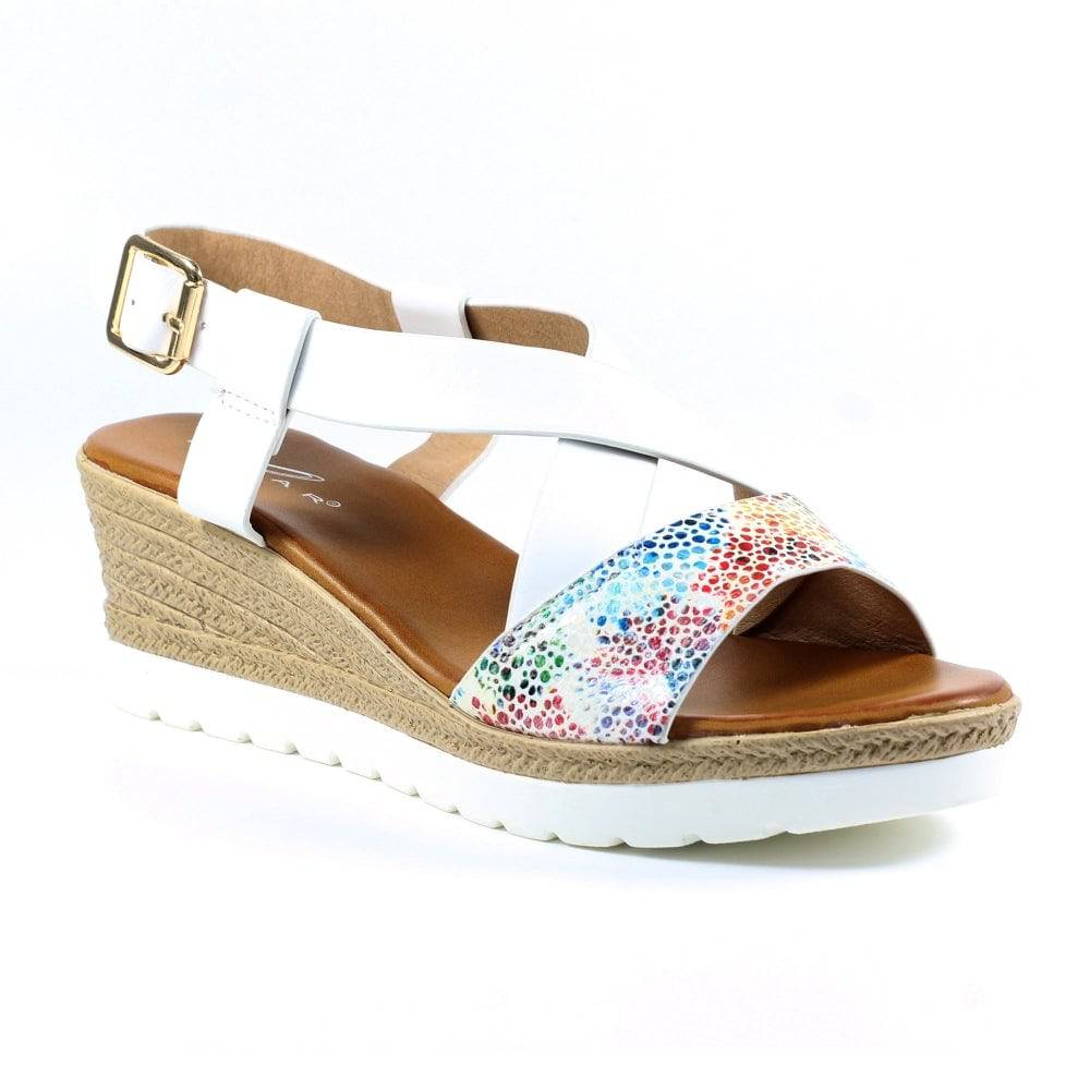 Lunar Foxy White Cross Over Platform Wedge Open Toe Sandal With Speckled Trim