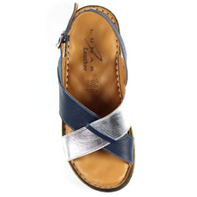 Load image into Gallery viewer, Lunar Grenoble Leather Navy &amp; Silver Cross Over Strap Open Toe Comfort Sandal
