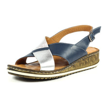 Load image into Gallery viewer, Lunar Grenoble Leather Navy &amp; Silver Cross Over Strap Open Toe Comfort Sandal - Boutique on the Green 
