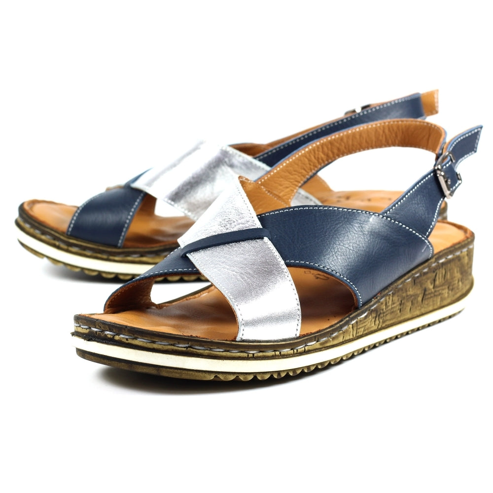Lunar Grenoble Leather Navy & Silver Cross Over Strap Open Toe Comfort Sandal - Boutique on the Green 