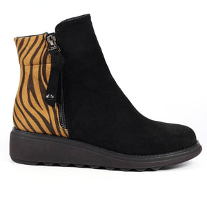 Lunar Haines Black Microfibre Low Wedge Ankle Boot With Animal Print Trim