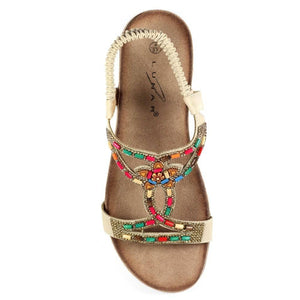 Lunar Mariella Beige Open Toe Sandal With Multi Coloured Beads & Diamantes - Boutique on the Green 