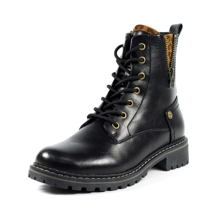 Lunar Nevada Black Biker Style Lace Up Ankle Boot With Animal & Zip Trim - Boutique on the Green 