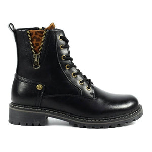 Lunar Nevada Black Biker Style Lace Up Ankle Boot With Animal & Zip Trim