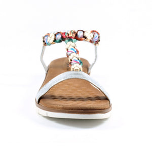 Lunar Tempo Silver Metallic Plaited & Jewelled T-Bar Open Toe Sandal - Boutique on the Green 