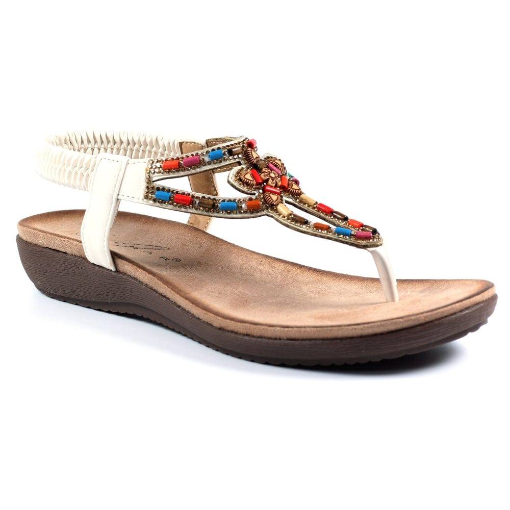 Lunar Una White Toe Post Sandal With Multi Beads & Diamante Trim - Boutique on the Green 