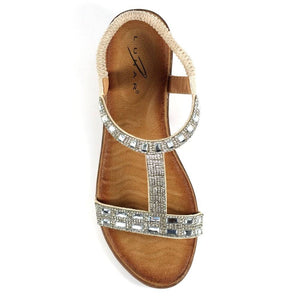 Lunar Macie Silver Open Toe Wedge Sandal With T-Bar Diamante Trim