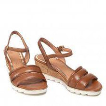 Load image into Gallery viewer, Marco Tozzi Leather Cognac Mid Cork Wedge Strappy Sandal
