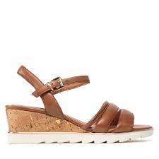 Marco Tozzi Leather Cognac Mid Cork Wedge Strappy Sandal