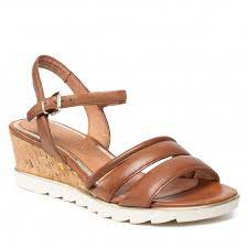 Marco Tozzi Leather Cognac Mid Cork Wedge Strappy Sandal
