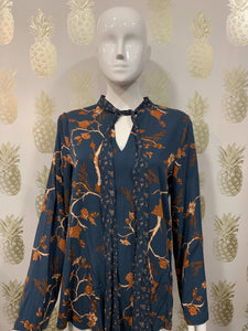 Navy with oriental print loose fit woven blouse, long sleeves & neck tie