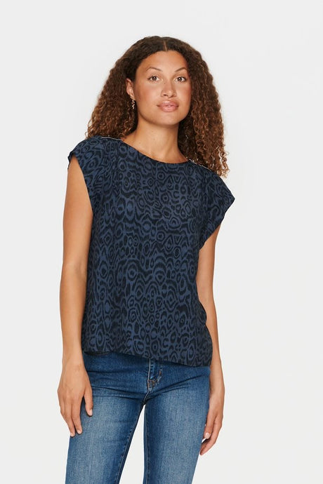Saint Tropez Blancasz Adele Ombre Blue Print Cap Sleeve Woven Top With Beaded Trim - Boutique on the Green 
