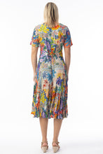 Load image into Gallery viewer, Orientique Aruba print crinkle short sleeve godet midi dress with multicolour pattern, shown on a model.
