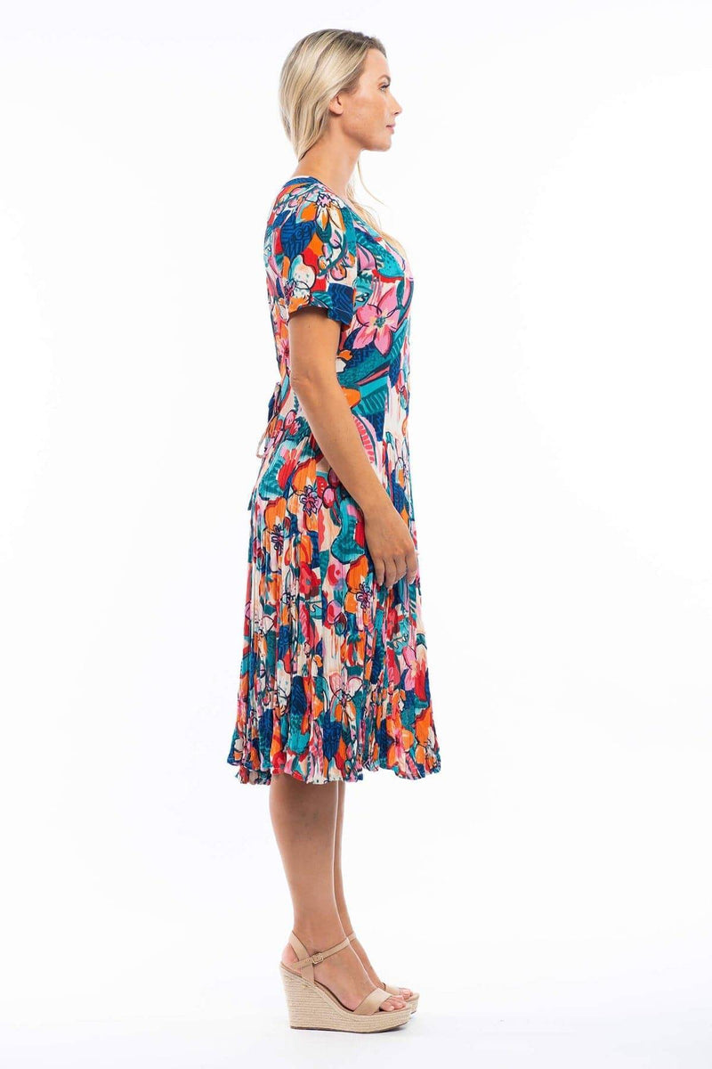 Orientique Borellie Blue & Orange Mix Crinkled Short Sleeve Midi Dress ...