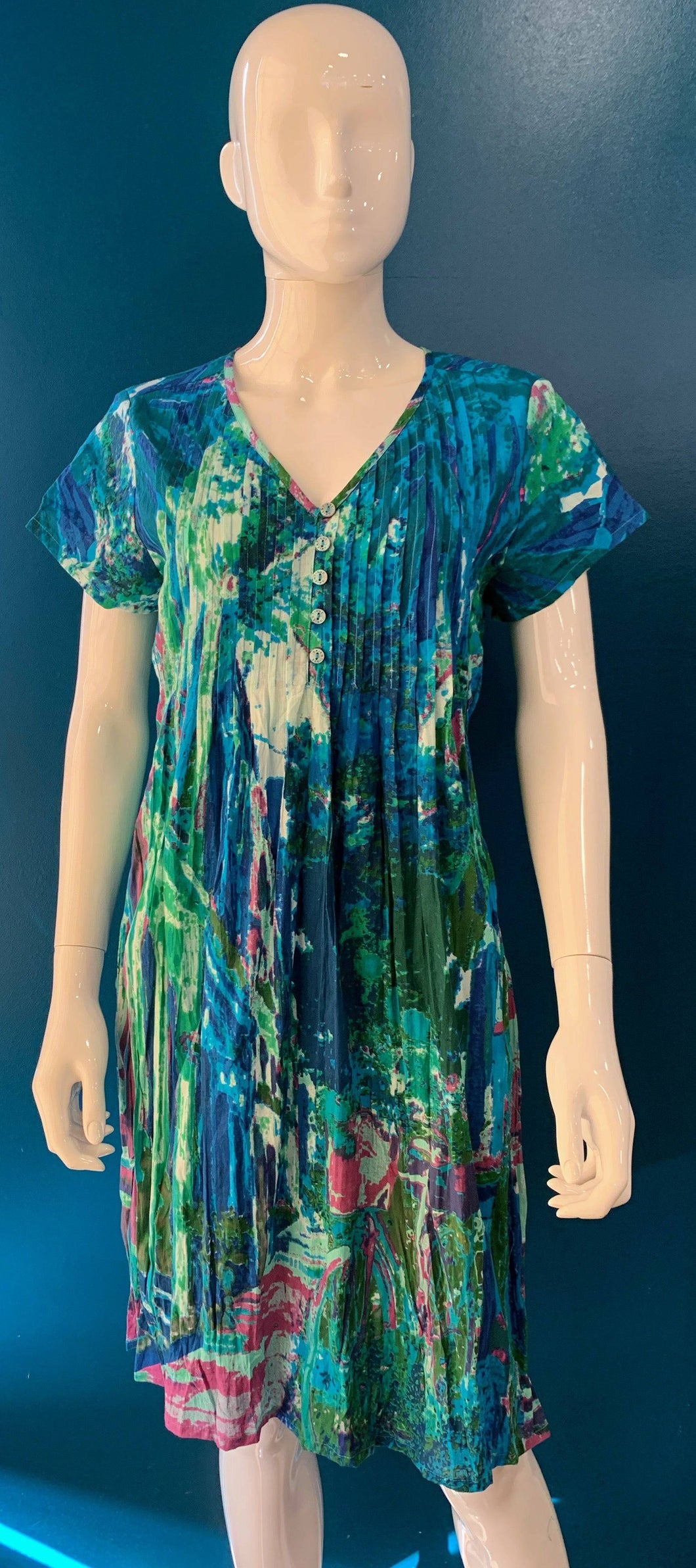 Orientique Charleston Green & Blue Jungle Print Organic Cotton Short Sleeve Crinkle Dress