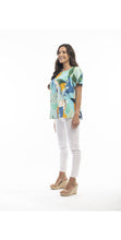 Load image into Gallery viewer, Orientique Frigliani Contemporary Aqua Abstract Print Short Sleeve Woven Top
